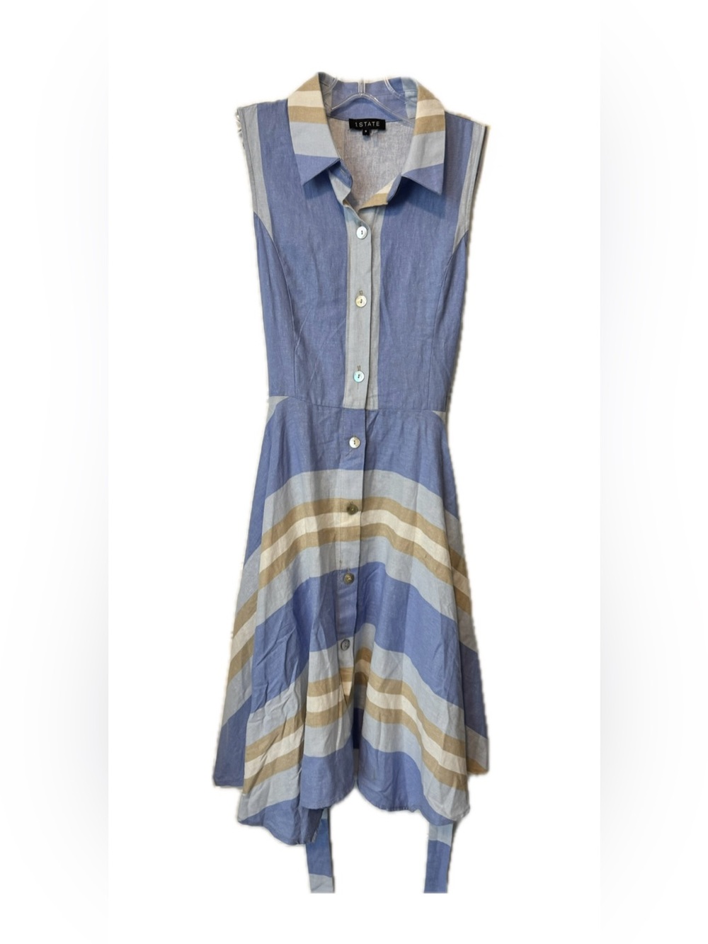 1. State Sleeveless Blue and Cream Striped Midi Shirt Dress - Picture 4 of 8